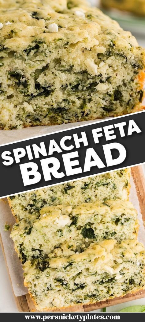 Spinach Feta Bread is a simple, savory quick bread that only takes 10 minutes of prep time. Filled with Greek flavors, this bread is as impressive as it is easy! Cheesy Spinach Bread, Spinach And Feta Bread, Feta Sourdough Bread, Spinach Feta Bread, Savory Bread Recipes, Savory Quick Bread, Feta Bread, Persnickety Plates, Spinach Bread