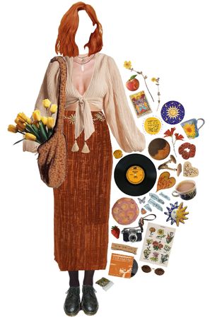 Hippie Witch Outfits, Yellow Cardigan Outfits, 70s Cottagecore, Retro Inspired Outfits, Groovy Clothes, Indie Alt, Earthy Outfits, Orange Outfit, Witch Outfit