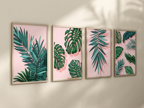 Pink Green Gold Bathroom, Monstera Bathroom, Tropical Themed Bathroom, Pink Green Bathroom Decor, Green And Pink Bathroom Decor, Green And White Bathroom Decor, Hawaiian Bathroom Decor, Green And Pink Office Decor, Palm Leaf Bathroom