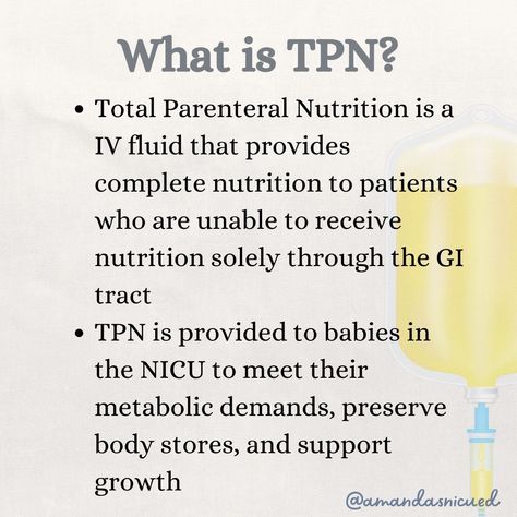 Total Parenteral Nutrition (TPN) in the NICU TPN is a specialized intravenous feeding method that delivers a precise blend of essential nutrients directly into the bloodstream. It's like a tailor-made Gatorade for NICU babies! 🌟 ✨ What's in TPN? 🌱 Dextrose: The primary source of carbohydrates in TPN, providing essential energy for our little patients’ growing bodies. It's carefully measured to meet their individual needs. 🍼 Amino Acids: The building blocks of proteins, essential for growth... Total Parenteral Nutrition, Parenteral Nutrition, Sources Of Carbohydrates, Essential Nutrients, The Building, Amino Acids, Building Blocks, Nutrition, Energy