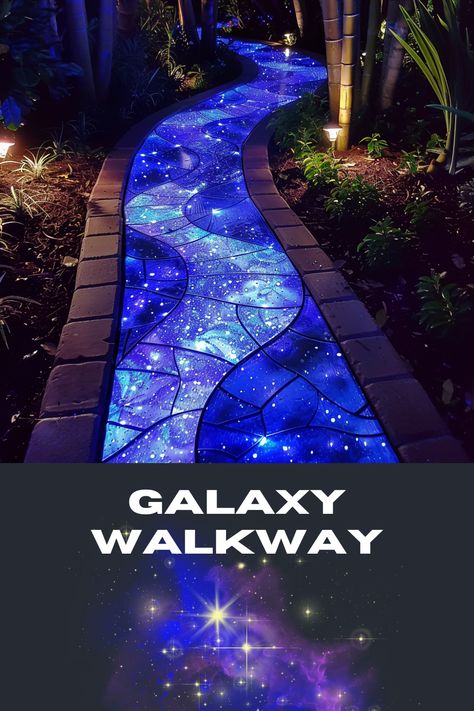 Bring the beauty of the cosmos into your backyard with a mesmerizing galaxy walkway! 🌟✨ Illuminate your outdoor space and create a magical atmosphere for stargazing and relaxation. #GalaxyBackyard #OutdoorLiving #CelestialDecor #StarryNight #OutdoorOasis Stargazing Platform Backyard Ideas, Beautiful Garden Ideas Inspiration, Luxury Home Remodel, Lights In Backyard Ideas, Dream Outdoor Living Space, Magic Home Decor, Whimsical Backyard Ideas, Magical Backyard Ideas, Outdoor Walkway Ideas