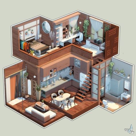 Build Dollhouse, Sims 4 Hus, Sims 4 Loft, Loft Layout, Sims 4 Houses Layout, Lotes The Sims 4, Loft House Design, Sims Freeplay Houses, Sims 4 Bedroom