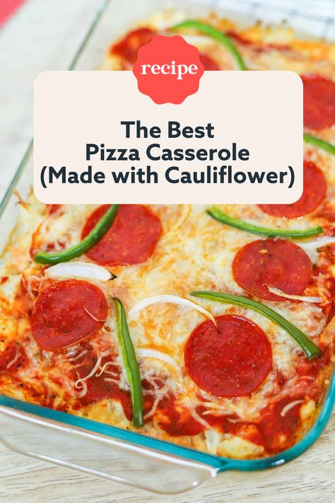 This keto pizza bake is simply delicious and makes the perfect weeknight dinner for the whole family. Easy to throw together with no crust, the cauliflower base is topped with pepperoni, cheese, and veggies. Be sure to add this to your list of favorite low carb recipes. Cauliflower Pizza Casserole, Califlower Pizza, Keto Pizza Casserole, Best Keto Pizza, Leftover Casserole, Keto Casseroles, Quick Pizza, Pizza Dinner, Loaded Cauliflower