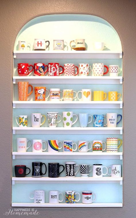 Coffee Mug Shelves | Extra Space Storage Ideas | Make Your Space Work For You Alcove Kitchen, Collection Display Shelves, Diy Display Shelf, Coffee Mug Storage, Coffee Cup Storage, Coffee Mug Display, Mug Storage, Coffee Mug Holder, Diy Regal