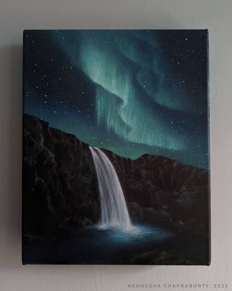 ◼️ Welcome to my shop! Below you will find a lot of useful information about my products. If you have any questions - be sure to contact me! ▶ ABOUT THIS PAINTING ✔ Size: 20x25 cm ✔ Handmade oil painting on stretched canvas, Unframed. ✔ Style: Landscape painting. ✔ Material: Professional oil paints and 100% stretched cotton canvas. ✔ This painting comes with a certificate of authenticity and is signed both in the front as well as back. ✔ Delivery time: International shipments will take around 12 Night Waterfall Painting, Night Nature Painting, Painting Ideas On Canvas Sky, Pastel Painting Ideas Easy, Painting Ideas On Mini Canvas, Water Canvas Painting, Canvas Painting Sky, Night Landscape Painting, Black Canvas Painting