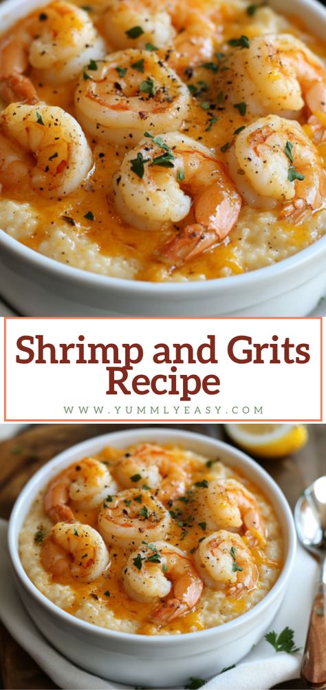 Dive into the rich and comforting flavors of the South with this shrimp and grits recipe. Creamy, cheesy grits paired with perfectly seasoned shrimp make for a classic dish that’s both hearty and satisfying. via @https://www.pinterest.fr/YummlyEasy/ Grits And Shrimp Recipes Easy, Easy Cajun Shrimp And Grits, Gluten Free Shrimp And Grits, How To Make Shrimp And Grits, Cheesy Grits And Shrimp, Easy Shrimp And Grits Recipe Simple, Rotel Grits, Shrimp And Grits With Gravy, Shrimp And Grits Sauce