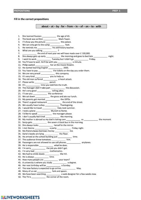 Dependent Prepositions 1 - Interactive worksheet Preposition Worksheets Advanced, Prepositional Phrases Worksheets, Prepositions Worksheets, English Printables, Preposition Worksheets, Punctuation Worksheets, Advanced Grammar, Advanced Vocabulary, Esl Teaching Resources