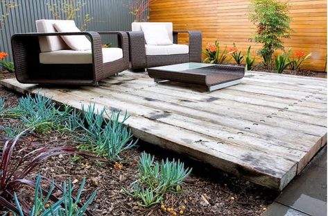 Stepped Patio, Pond Decking, Sleepers In Garden, Decking Ideas, Seaside Garden, Front Garden Design, Bedroom Patio, Garden Canopy, Garden Floor