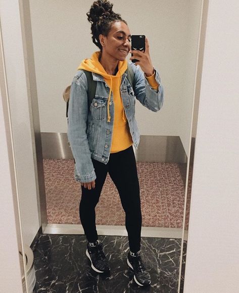 Yellow hoodie Hoddies Outfits With Jean Jacket, Mustard Hoodie Outfit, Jean Jacket Over Hoodie Outfit, Yellow Tomboy Outfits, Denim Jacket And Hoodie Outfit, Hoodie With Jean Jacket Outfit, Jean Jacket And Hoodie Outfit, Hoodie Jean Jacket Outfit, Jean Jacket Hoodie Outfit