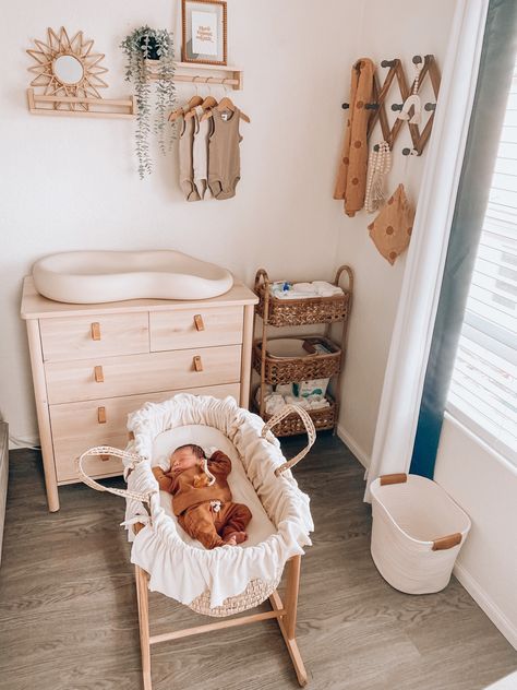 Ikea dresser. World market wicker basket. Moses basket. Baby Nook, Nursery Nook, Boho Baby Nursery, Baby Nursery Organization, Baby Corner, Baby Nursery Inspiration, Baby Room Organization, Baby Room Neutral, Girl Nursery Room