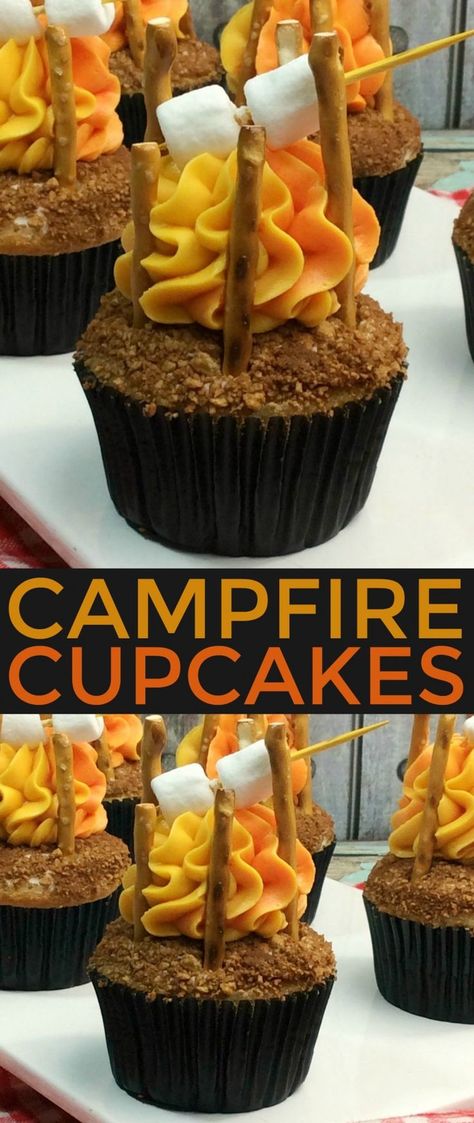 These Campfire Cupcakes are a fun summer treat. What an adorable dessert to take along for a camping trip or camping themed party. Fire Cupcakes, Campfire Cupcakes, Rose Cupcake, Camping Food, Summer Treats, Savoury Cake, Camping Trip, Fun Summer, Healthy Dessert