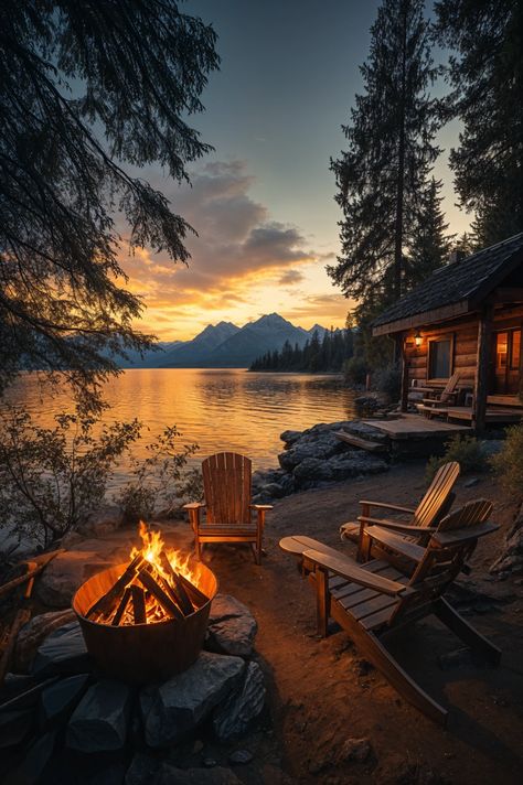 Lakeside Sunset Magic Winter Lake Aesthetic, Campfire Aesthetic, Romantic Camping, Log Home Designs, Camping Inspiration, Camping Photography, Cabin Lodge, Mountain Cabin, Lake Life