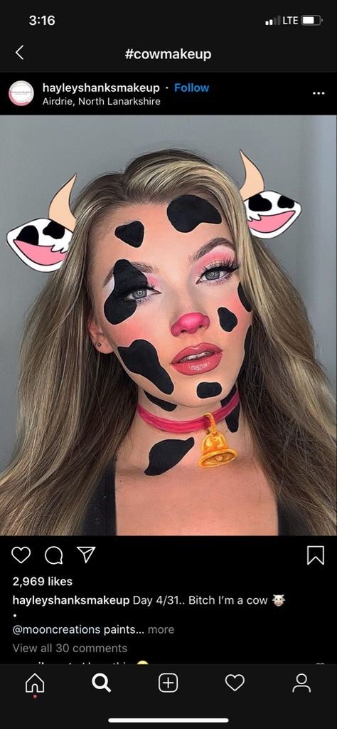 Bull Halloween Makeup, Woman Cow Costume, Cow Face Makeup Halloween, Cow Halloween Makeup Look, Cow Make Up For Halloween, Pregnant Cow Halloween Costumes, Cow Theme Outfit, Cow Print Face Paint, Cow Makeup Look For Halloween