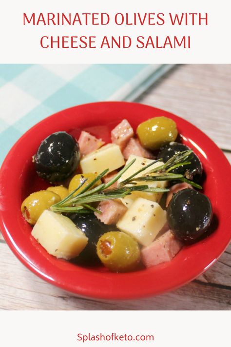 Marinated olives with cheese and salami is incredibly flavorful and incredibly low carb! This dish works great as a side or as an appetizer. Marinated Cheese Appetizer With Salami, Marinated Mozzarella Pearls, Marinated Cheese And Salami, Marinated Cheese And Olives In A Jar, Marinated Olives And Cheese, Marinated Cheese And Olives, Cheese Olives Appetizer, Olive Snack, Olive Appetizer