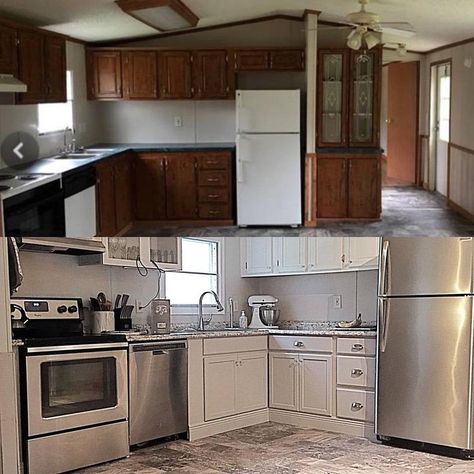 before and after images of mobile home kitchen renovation Mobile Home Kitchen Remodel Single Wide, Mobile Home Kitchen Cabinets, Mobile Home Redo, Countertop Concrete, Mobile Home Kitchens, Home Renovation Costs, Mobile Home Kitchen, Mobile Home Makeovers, Mobile Home Renovations