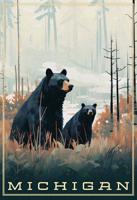 Wildlife Graphic Design, Bear Art Aesthetic, Michigan Illustration, Vintage Bear Illustration, Black Bear Illustration, Vintage National Park Posters, Cool Poster Designs, Bears Art, Black Bears Art