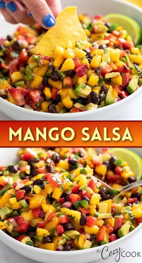 This refreshing Mango Salsa recipe has juicy mangos, fresh strawberries, peppers, black beans, avocado and more! Serve this as an appetizer with tortilla chips or add it to tacos, salad, chicken, and more! Mango Salsa With Black Beans, Salsa Recipe Mango, Summer Salsa Dip, Mango Bean Salad, Mango Black Bean Salsa, Guac Salsa Recipe, Chips And Salsa Recipe, Mango Corn Salsa Recipe, Whiskey Appetizers