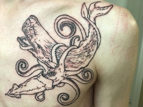 Whale And Squid Tattoo, Squid And Whale Tattoo, Giant Squid Tattoo, Sperm Whale Tattoo, Marine Images, Octopus Tattoo Sleeve, Kraken Tattoo, Squid Tattoo, Asian Dragon Tattoo