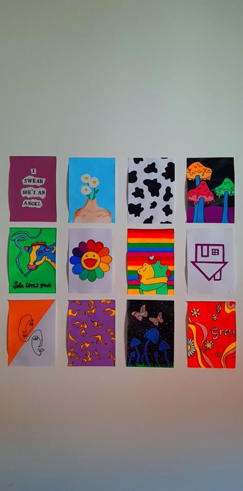 #indie #drawing #colors Drawings To Hang Up In Your Room, Diy Wall Collage Drawing, Desenhos Indie Kid, Indie Drawings For Wall, Indie Drawing Ideas For Wall, Kidcore Drawing Ideas, Painting Ideas On Canvas Indie, Indie Drawings Colorful, Indie Decorations