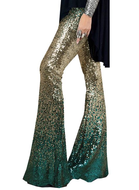 PRICES MAY VARY. Material: Sequins + Lining.This sequin floral trouser is made of high quality full sequins covered for a beautifully embellished with a soft lined for that perfect balance. This extraordinary pair of flare pants features an elastic, stretchy waistband that allows for comfortable wear. Has a relaxed, wide leg fit that is perfect for long hours, day or night! This style of pant is very dazzling, whether it is walking in the street under the sun, or sitting under the neon lights ca Sequin Bell Bottoms, Night Out Clubwear, Sparkly Pants, Sequin Flare Pants, Black Palazzo Pants, Floral Trousers, Sequin Pants, Party Pants, Wide Leg Palazzo Pants