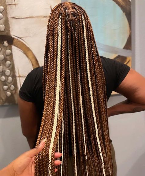 Box Braids Hairstyles For Black Women With Color, Knotless Box Braids Medium With Peekaboo Color, Brown And Blonde Knotless Braids Black Women, Black Brown Blonde Box Braids, Multi Color Brown Braids, Blond Brown Black Braids, Peekaboo Box Braids Brown And Blonde, Black And 27 Box Braids, Brown Braids With Peekaboo