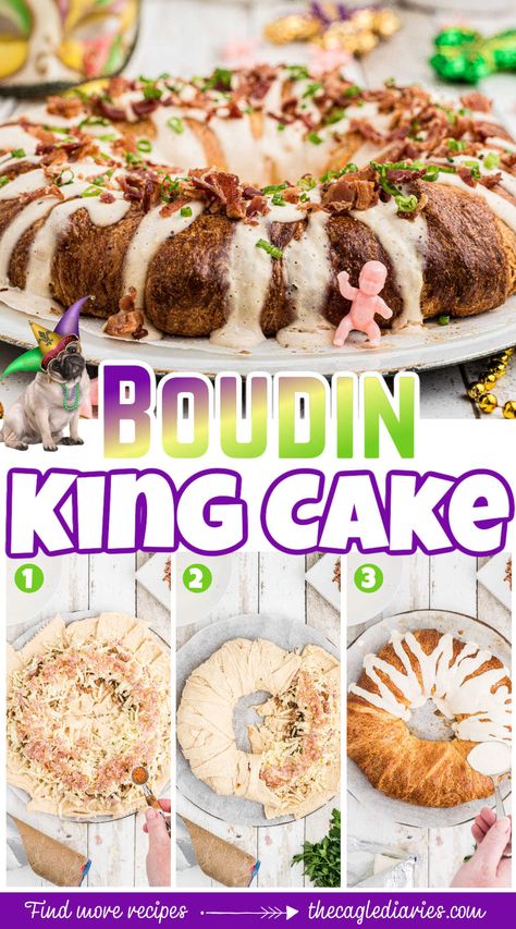 A collage of images showing how to make a boudin king cake. Louisiana King Cake Recipe, Boudin King Cake With Crawfish Sauce, Crawfish King Cake, Crawfish King Cake Recipe, Crawfish Boudin King Cake, Boudin King Cake, Homemade King Cake, Crescent Roll Pastry, Mardi Gras Desserts