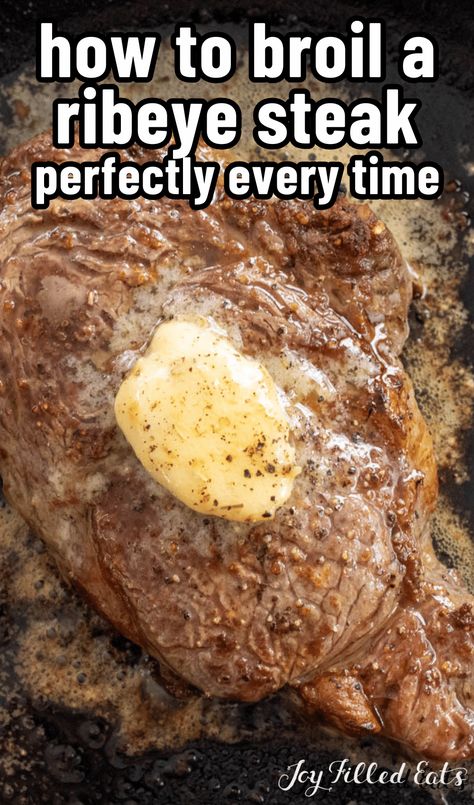 This Broiled Ribeye recipe is tender, juicy, and has the best flavor. Learn how to oven broil steak perfectly every time! Broiling Steak In Oven, Beef Ribeye Steak Recipe, Beef Rib Steak, Ribeye Recipe, How To Cook Ribeye, Cow Recipes, Prime Rib Steak, Rib Eye Recipes, Cooking Ribeye Steak