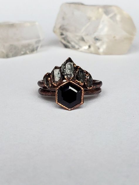 Obsidian Hexagon and Black Herkimer Diamond Ring Set, Alternative Engagement Ring, Geometric Ring Set, Copper Electroformed Ring - Etsy Black Obsidian Engagement Ring, Witch Engagement Rings, Edgy Engagement Ring, Electroformed Ring, Obsidian Ring, Herkimer Diamond Ring, Alternative Engagement Ring, Diamond Ring Set, Engagement Sets