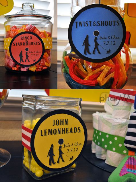 Beatles themed reception | Close up candy shots…I mean, come on…”John Lemonheads” and ... Beatles Party Decorations, Beatles Baby Shower, Submarine Party, Beatles Wedding, Beatles Themed Party, Beatles Birthday Party, Baby Shower Songs, Beatles Theme, The Yellow Submarine