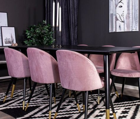 Black Walls Pink Furniture, Pink And Black Dining Room, Pink Chairs Dining, Pink Dining Room Chairs, Black And Pink Living Room, Pink And Black Kitchen, Pink Dining Room, Interior Board, Beige Office