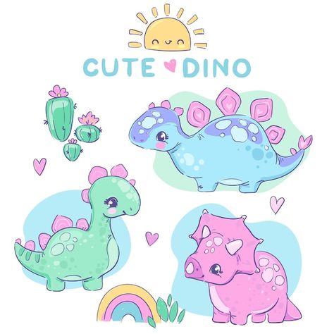 Vector set dinosaur girl and sun with ra... | Premium Vector #Freepik #vector #cute-illustration #cute #adorable #cute-cartoon Hand Drawn Fox, Pink Paw Print, Hello Cute, Cute Dino, Branch Vector, Pink Paws, Woodland Animal Prints, Baby Print, Kawaii Illustration