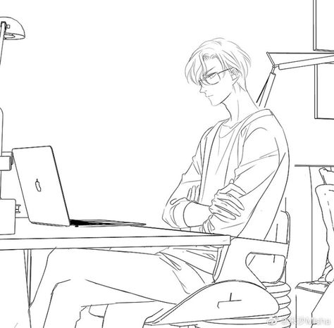 Desk Pose Reference Drawing, Sitting At Computer Drawing, Working At Desk Drawing Reference, Arm Resting On Table Reference, Writing Pose Reference Drawing, Man Sitting Drawing, Desk Pose Reference, Sitting At Desk Reference Drawing, Boy Studying