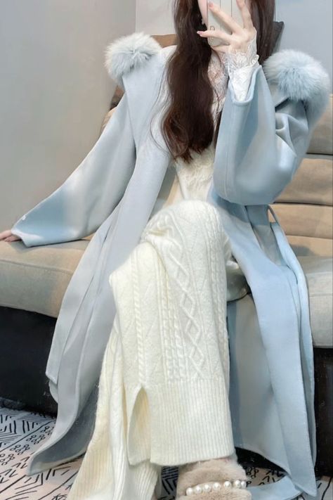 Blue Winter Outfits Aesthetic, Light Blue Winter Dress, Light Blue Winter Outfit, Blue Winter Aesthetic, Ice Blue Outfit, Abbey Abominable, Coquette Thrift, Blue Clothes Aesthetic, Aesthetic Coat