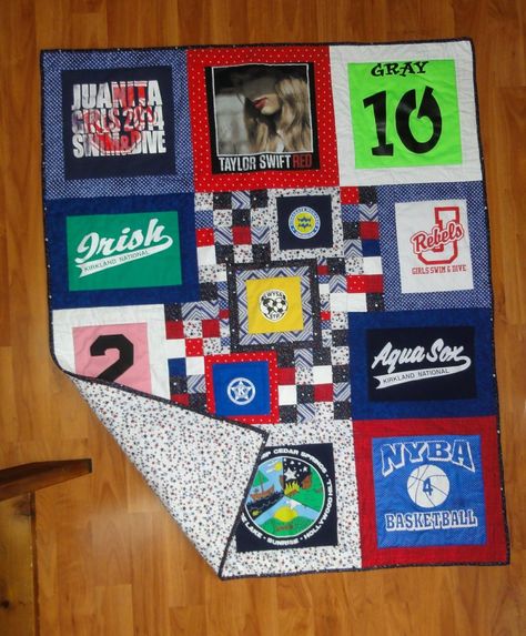 I got paid to quilt!  A stranger found one of my posts, and sent me a message asking if I would turn her daughter’s t-shirts into a memory quilt.   I got paid to quilt!   This was the first time I was quilting for someone else, and my first t-shirt quilt, so there was… Make A Tshirt Quilt, How To Make A T Shirt Quilt, Tshirt Quilt Diy, Tshirt Quilt Pattern, Tee Shirt Quilt, Photo Quilts, Tie Quilt, T Shirt Quilt, Tshirt Quilt