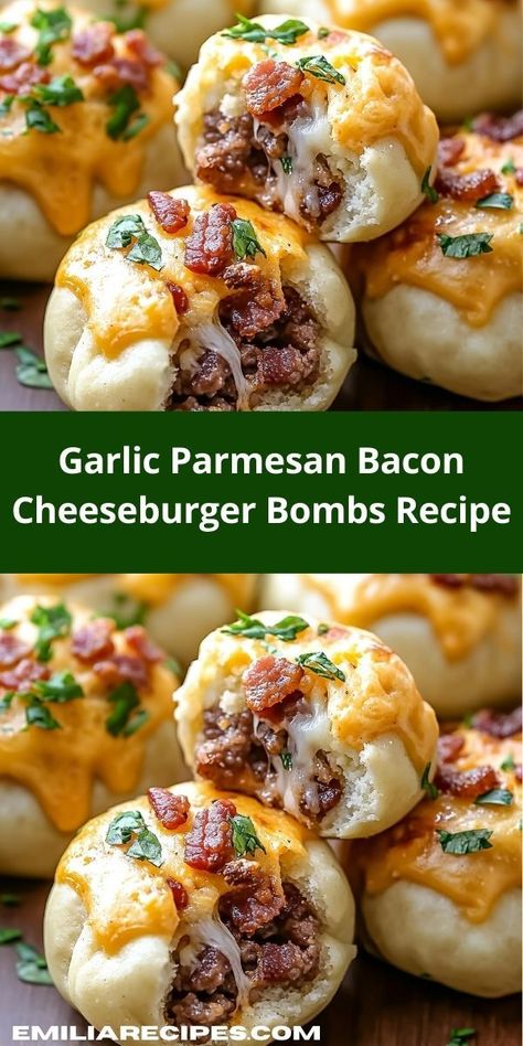 Need a crowd-pleasing dish for your next gathering? Discover the irresistible Garlic Parmesan Bacon Cheeseburger Bombs, a delightful addition to your dinner ideas that promises fun and flavor for everyone. Crispy Garlic, Beef Bacon, Bombe Recipe, Cheesy Bacon, Bacon Cheeseburger, Gooey Cheese, Crumbled Bacon, Garlic Parmesan, Crispy Bacon