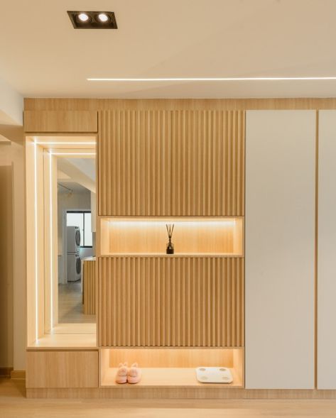 punggol way 265C (Nov 2021) | Renovation by Mr Designer Studio - Hometrust Hallway Ideas Wardrobe, Scandinavian False Ceiling Design, Muji Entryway, Muji Wardrobe Design, Muji Scandinavian Interior, Muji Design Interior, Hdb Entrance Ideas, Entrance Cabinet Design Entryway, Hdb Foyer Ideas Entryway