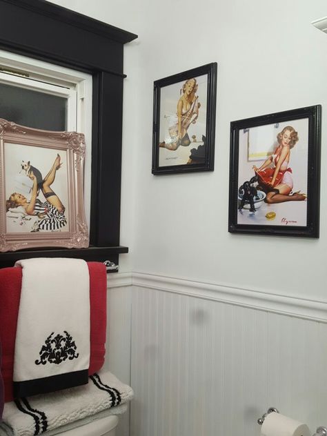 Wainscoting / paneling in the bathroom. Pin up girls decorate. Black white pink. Damask. #houseremodeling Pinup Bathroom Decor, Pinup Decor, Pinup Bathroom, Old Hollywood Bathroom, Hollywood Bathroom, Burlesque Theme, 1940s Decor, Bathroom Vibes, Girl Bathroom Decor