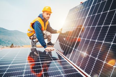 Photo workers assemble energy system wit... | Premium Photo #Freepik #photo #solar-house #solar-roof #solar-cell #solar-power Residential Solar Panels, Used Solar Panels, Residential Solar, Solar Companies, Solar Solutions, Solar Panels For Home, Solar Water Heater, Solar Pv, Solar Installation