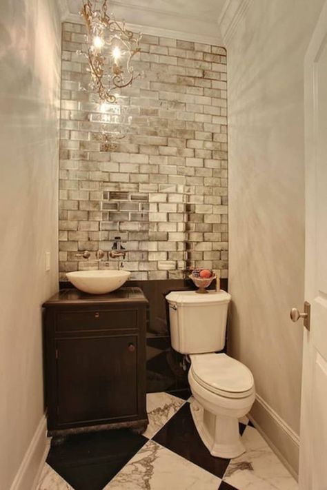 Mirrored Subway Tile, Tiny House Hacks, Ideas Baños, Subway Tiles Bathroom, Color Decor, Downstairs Toilet, Mirror Tiles, Tiny Bathroom, Bathroom Renos