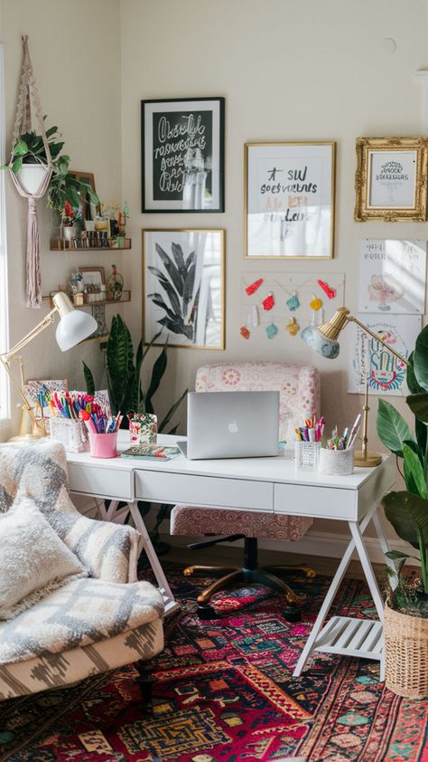 Achieve a chic yet functional feminine office with a beautiful shabby chic color palette. 🌿 Opt for distressed wood furniture, layered textiles, and delicate decor pieces to add charm. 🕊️ Incorporate feminine desk setups with soft, vintage-inspired accessories like lace, florals, and elegant desk lamps. 💡 Add romantic shabby chic accents, such as pastel tones and soft lighting. 🌸 #shabbychic #shabbychicoffice #feminineoffice #vintageoffice #homeofficeinspiration #chicdecor #romanticoffice Home Office And Wardrobe Room, Apartment Office Ideas, Shabby Chic Office Ideas, Chic Office Ideas, Girly Office Space, Home Desk Ideas, Shabby Chic Color Palette, Home Office Decor Inspiration, Creative Workspace Inspiration