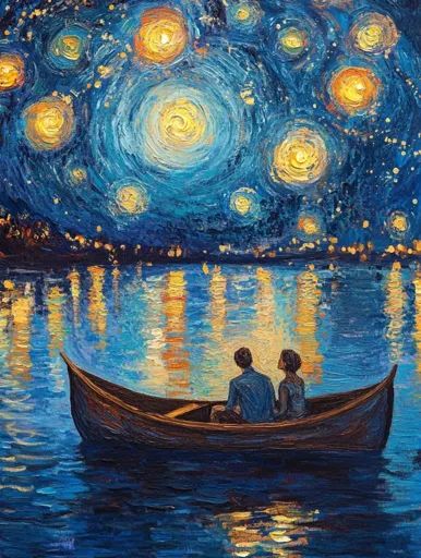 ↑↑↑ Larger size on website 🔸 The painting depicts a romantic scene with a couple in a rowboat on a calm, still lake. The night sk Romantic Landscape Painting, Starry Night Inspired Art, Paintings About Love, Romantic Paintings Couple, Couple Acrylic Painting, Night Picnic, Water Artwork, Romantic Paintings, Couple Painting