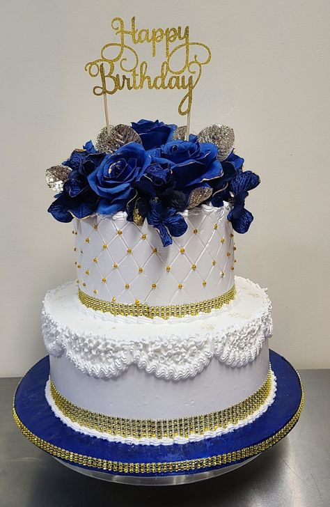 Blue And Gold Quince Cake, Royal Blue Birthday Cake For Women, Royal Blue And Gold Cake Quinceanera, Royal Blue Cake Quinceanera, Royal Blue Quince Cake, Wedding Cake Blue Gold, Royal Blue Wedding Cakes, Royal Blue Cake, 50th Birthday Cake For Women