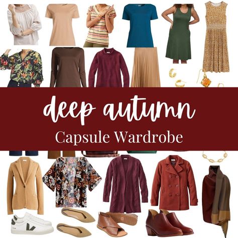 DEEP AUTUMN CAPSULE WARDROBE 7 tops in warm, deep colors 4 bottoms + 2 dresses perfect for Deep Autumn 5 completer pieces to style 4 pair of varied neutral shoes 8 deep and warm accessories Want to learn more about Deep Autumn (or any season)? Comment “EXPLORE” to get the link. #deepautumn #deepautumncolors #deepautumnpalette #deepautumnstyle #darkautumn #darkautumncolors #darkautumncolorpalette #coloranalysis #seasonalcoloranalysis #capsulewardrobe #capsulewardrobechallenge #capsulewardro... Deep Autumn Shoes, Autumn Color Capsule Wardrobe, Deep Autumn Accessories, Dark Autumn Fashion, Dark Autumn Clothes, Deep Autumn Style, Deep Autumn Outfits Capsule Wardrobe, Dark Autumn Capsule Wardrobe, Dark Autumn Outfits Style