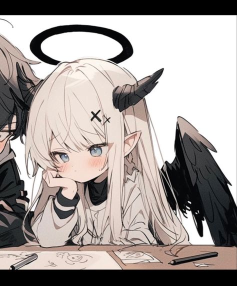 #couple #头像 Matching Angel Pfp, Angel And Demon Couple, Fallen Angel Art, Animated Girl, Couples Drawings, Ange Demon, Pfp Icons, Angel And Devil, Angels And Demons