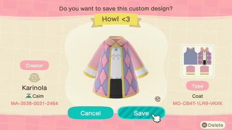 Animal Crossing Howls Moving Castle Tune, Animal Crossing Howl's Moving Castle, Animal Crossing Howls Moving Castle Design, Howls Moving Castle Animal Crossing, Howl Coat, Castle Island, Howl Pendragon, Clothes Codes, Acnh Clothes