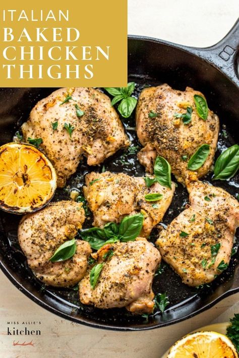 These are the very best oven baked chicken thighs because they're flavored with Italian seasoning, lemon and garlic. You can use bone in or boneless chicken thighs. This healthy recipe is paleo and keto friendly and can even be made whole30. The thighs get nice and crispy and it's such a great weeknight chicken dinner. #chicken #chickenthigh #italianchicken #italiandinner #chickendinner #paleo #keto #healthy #healthydinner Lemon Chicken Thighs, Italian Baked Chicken, Lemon Bathroom, Oven Baked Chicken Thighs, Healthy Baked Chicken, Thighs Recipe, Thighs Chicken, Recipes Oven, Roasted Chicken Thighs