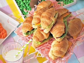 Easter_Party__Mini_Ham_and_Cheese_Croissants_recipe Croissants Sandwiches, Croissant Sandwiches, Christmas Luncheon, Ham And Cheese Croissant, Mini Croissant, Women Event, Cheese Croissant, Croissant Sandwich, Appetizer Sandwiches