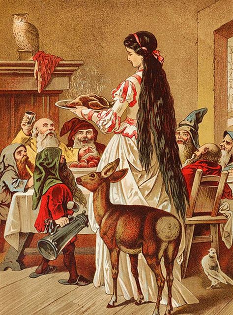 Late 19th century illustration of Snow White with the dwarfs, by Carl Offterdinger. German Fairy Tales, 동화 삽화, Sette Nani, Fairy Tale Illustration, Classic Fairy Tales, Brothers Grimm, Grimm Fairy Tales, Fairytale Illustration, Illustration Vintage