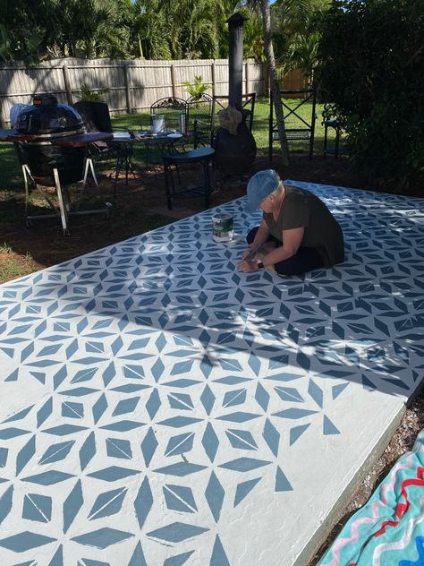 The Finished Patio (with painted pattern)   Shop the Look Smart Hacks, Tile Stencils, Types Of Mulch, Summer Diy Projects, Painted Patio, Tile Stencil, White Spray Paint, Painted Concrete Porch, Black Spray Paint