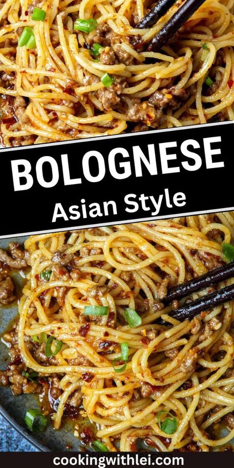 Experience a fusion of flavours with this Asian-style ground beef bolognese pasta! Ground Beef Bolognese, Easy Asian Dishes, Tomato Sauce Pasta, Beef Bolognese, Asian Pasta, Top Dinner Recipes, Asian Noodle Recipes, Asian Dinners, Asian Beef